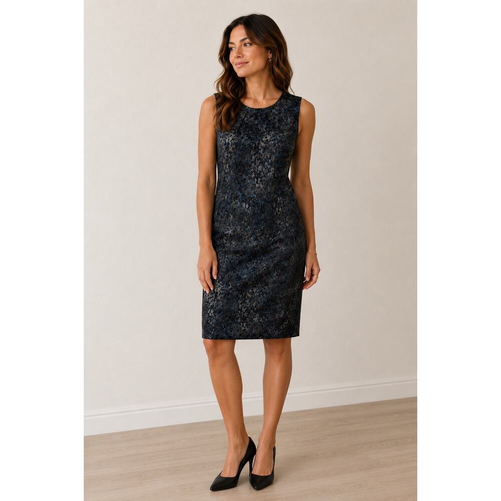 Tahari Sleeveless Sheath Dress with Blue and Black Pattern